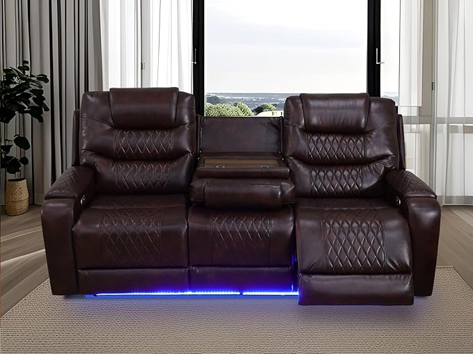 Living Room Furniture Sets, Power Reclining Sofa Couches with LED Light, Brown Breathing Leather Recliner Power Sofa with Drop-Down Table/Cup Holder/USB Port for Living Room, Office, Rv Car