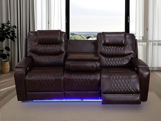 Living Room Furniture Sets, Power Reclining Sofa Couches with LED Light, Brown Breathing Leather Recliner Power Sofa with Drop-Down Table/Cup Holder/USB Port for Living Room, Office, Rv Car