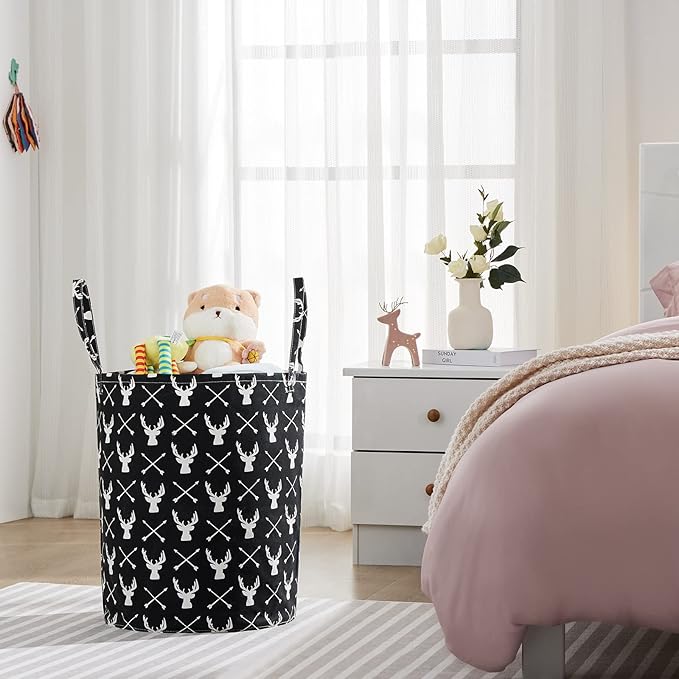 TECHMILLY Large Storage Basket for Girls and Boys, Collapsible Laundry Hamper with Long Handles, Toy Bins for Nursery, Kids Room Décor (Black Deer, 2 Pack)