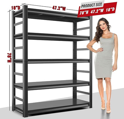 Metal Garage Shelving Unit,Heavy Duty 5-Tier Adjustable Storage Shelves,3000 lbs Capacity,Industrial Shelves for Heavy Tools and Equipment,for Garage,Basement (Black, 47.2" Wx18 Dx78 H)