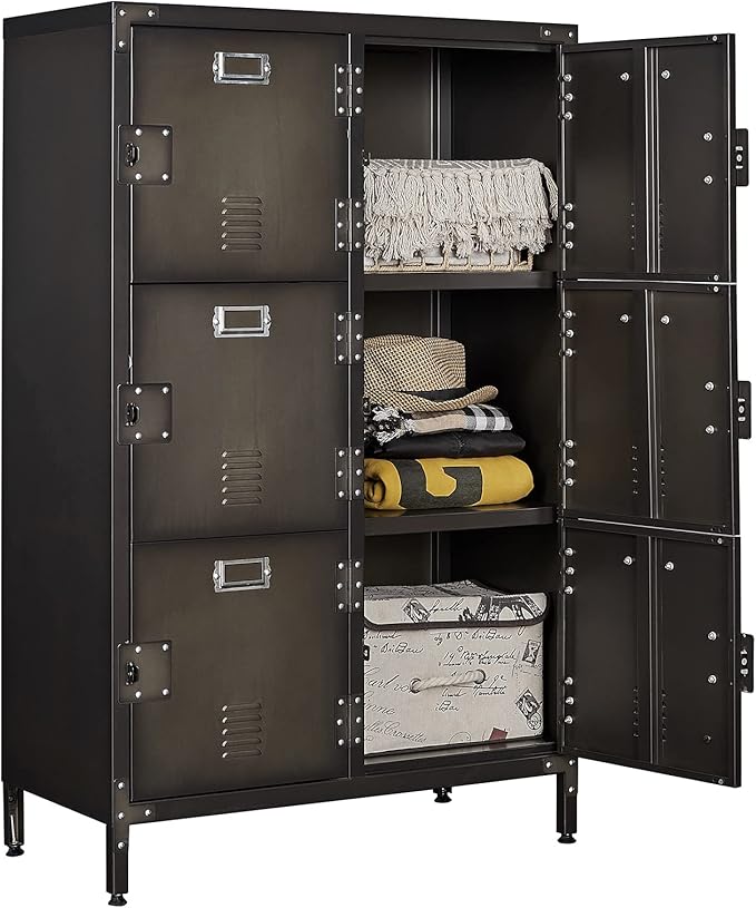 Metal Locker Storage Cabinet, 47.3" Employees Locker with 6 Doors, Steel Retro Wardrobe with Adjustable Feet for Home, Office, Gym, School