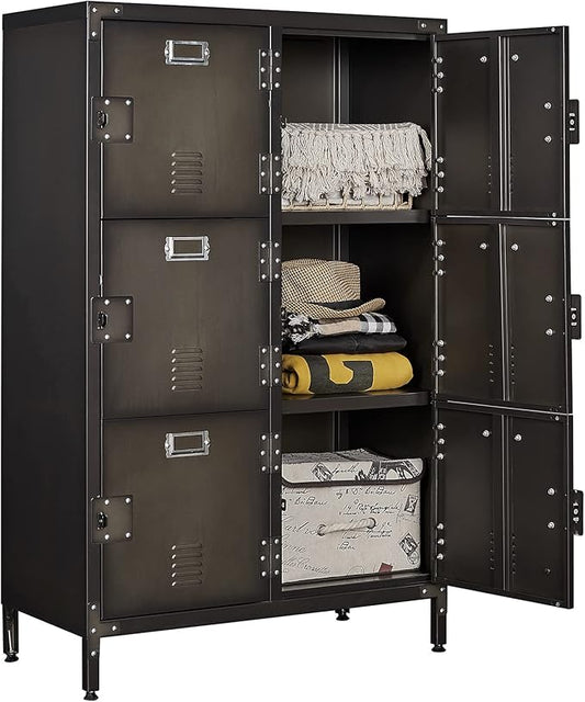 Metal Locker Storage Cabinet, 47.3" Employees Locker with 6 Doors, Steel Retro Wardrobe with Adjustable Feet for Home, Office, Gym, School