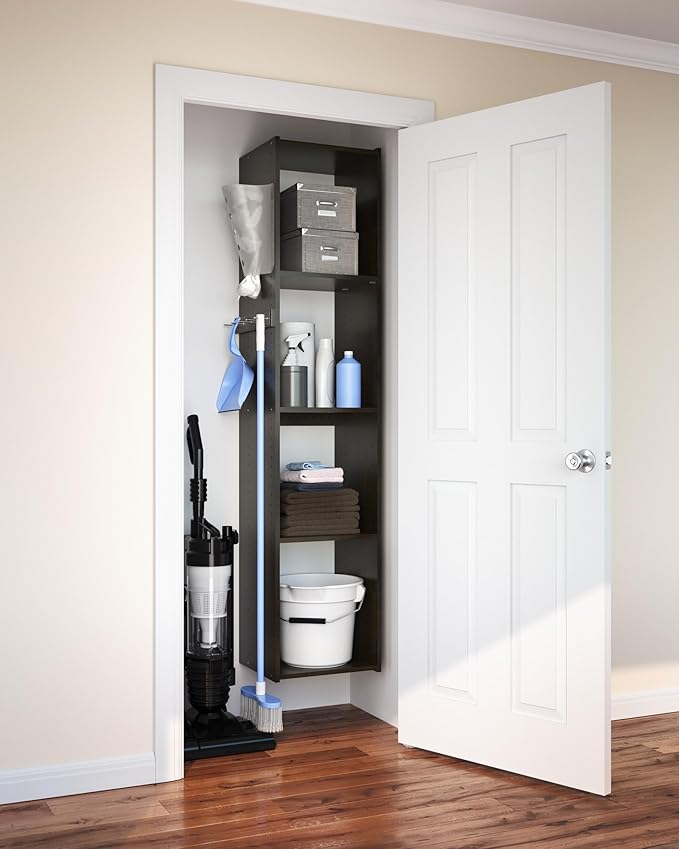 Easy Track 5 Shelf Wood Utility Mountable Home Closet Storage Tower Kit System with 5 Peg Rack, Bag Holder, and 2 Adjustable Shelves, Honey Blonde