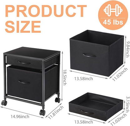 Rolling Mobile File Cabinet Cart with 2 Fabric Drawers A4 Letter Size Beside, Vertical Filing Cabinet on Lockable Wheels, Mobile Printer Stand Storage Under Desk for Home Office(Black)