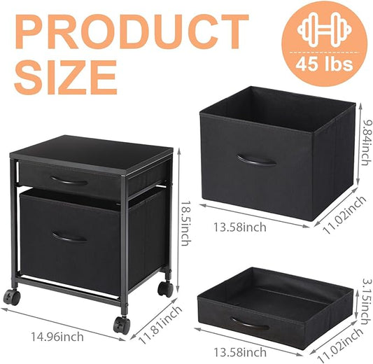 Rolling Mobile File Cabinet Cart with 2 Fabric Drawers A4 Letter Size Beside, Vertical Filing Cabinet on Lockable Wheels, Mobile Printer Stand Storage Under Desk for Home Office(Black)