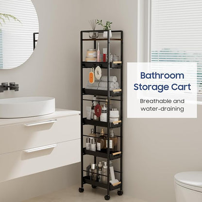 6 Tier Slim Storage Cart with Pull-Out Baskets Rolling Cart with Wheels Wood Top Narrow Utility Cart Metal Shelving Units for Pantry Laundry Room Bathroom Kitchen Black 8in(W)