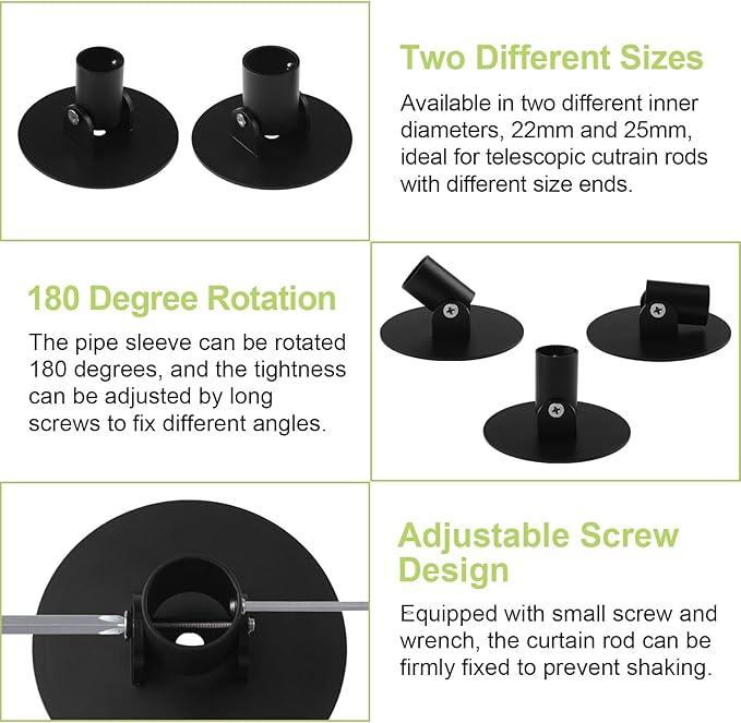 Adjustable Shower Curtain Rod Bracket, 2Pcs Different Sizes Titanium Steel Single Swivel Flange Heavy Duty Closet Rod Holder with Screws (Black, Inner Dia. 22mm & 26mm)