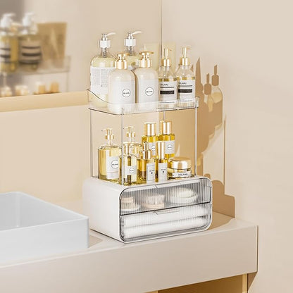 Delamu Bathroom Counter Organizer 2-Drawers 2-Tier Acrylic Makeup Organizer for Vanity Countertop, Skincare Perfume Storage, Easy Assembly, Ideal for Women, Bath Linen Sets, Clear