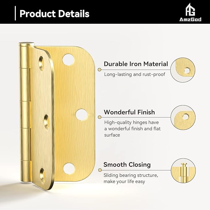 Door Hinges Satin Brass - 36 Pack Gold Door Hinges 3.5 Inch Rounded Interior Door Hinge with 5/8" Radius - 3 1/2 Inches Brushed Brass Hinges for Residential Standard Doors