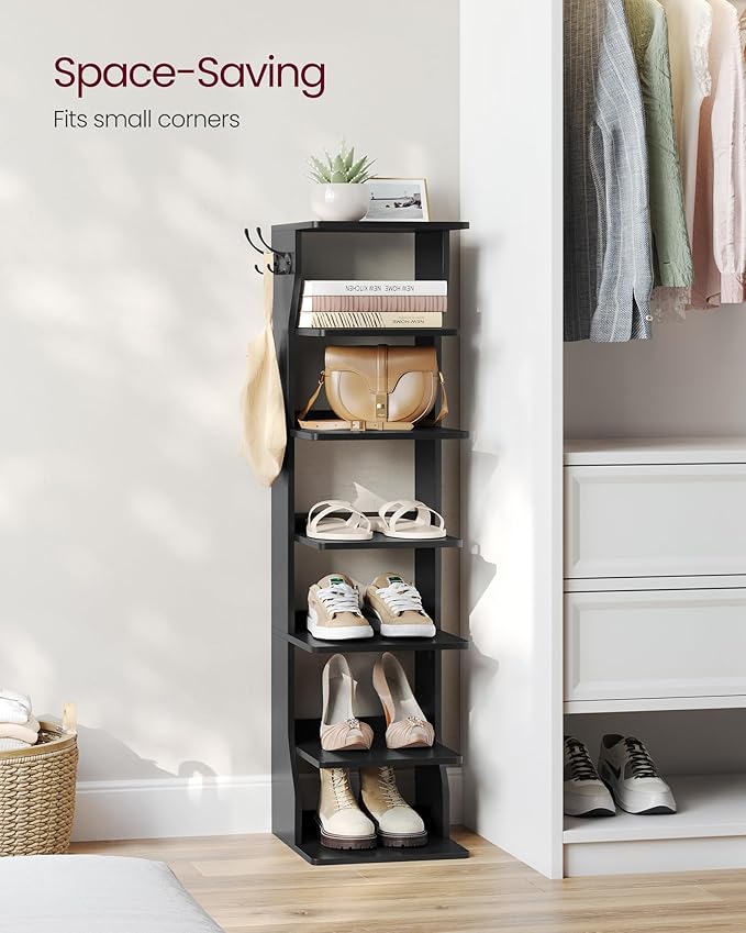 VASAGLE 7-Tier Vertical Shoe Rack, Narrow Shoe Storage Organizer with Hooks, Slim Corner Tower Shelf, Space-Saving for Entryway and Bedroom, Black ULBS200T16