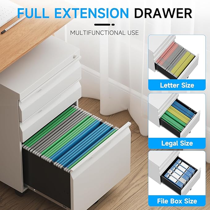 3 Drawer Mobile File Cabinet with Wheels, File Cabinet with Lock, Filing Cabinets for Home Office, Rolling Filing Cabinets Under Desk Storage for Letter/Legal/A4 Files
