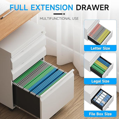 3 Drawer Mobile File Cabinet with Wheels, File Cabinet with Lock, Filing Cabinets for Home Office, Rolling Filing Cabinets Under Desk Storage for Letter/Legal/A4 Files
