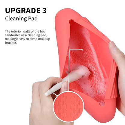 Silicone Makeup Brush Holder Travel Cosmetic Bag：Soft Portable Cosmetic Face Brushes Holder with Upgrade Anti-Fall Out Magnetic Closure, Large Travel Makeup Brush Case - Guava