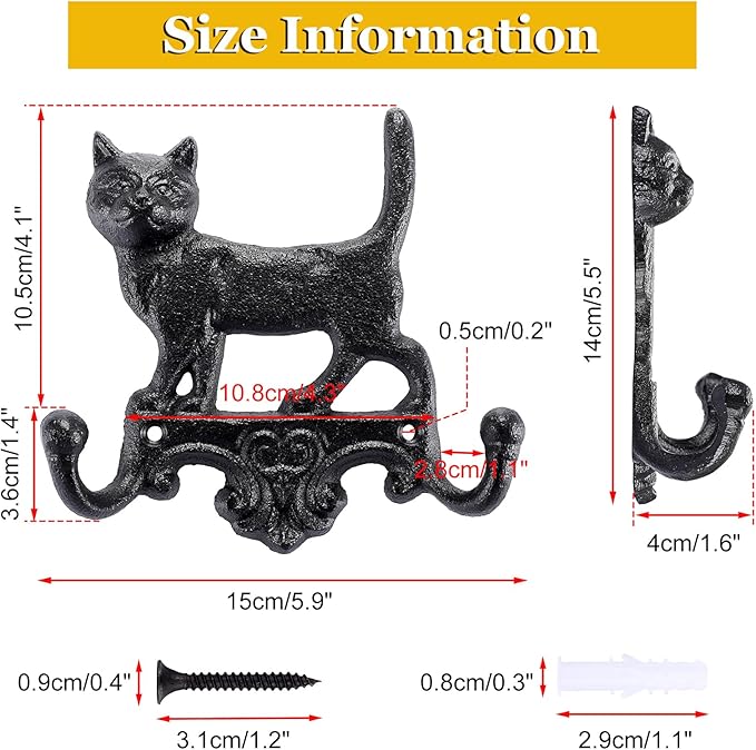 OwnMy Cast Iron Decorative Wall Coat Hook Cat Key Holder, Vintage Dog Leashes Holder Key Hooks for Walls, Heavy Duty Indoor Outdoor Double Wall Hooks for Hanging Towels, Hats, Potted Plants, Tools