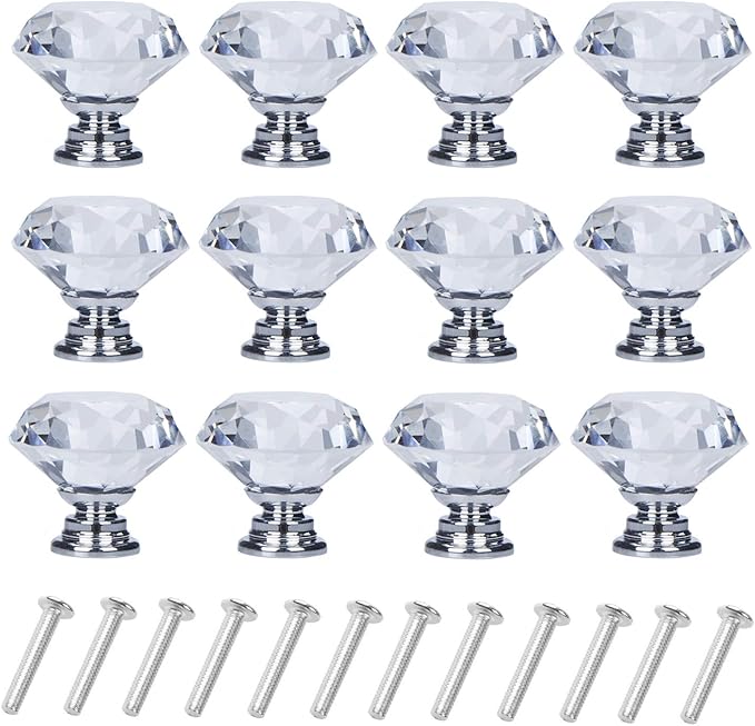 YourGift 12 Pack Drawer Knobs Diamond Shaped Crystal Glass 40mm Cabinet Knobs Pull Handles (40 mm, 12 Pack, Silver)