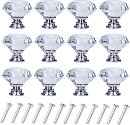 YourGift 12 Pack Drawer Knobs Diamond Shaped Crystal Glass 40mm Cabinet Knobs Pull Handles (40 mm, 12 Pack, Silver)