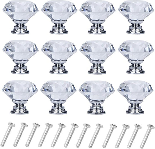 YourGift 12 Pack Drawer Knobs Diamond Shaped Crystal Glass 40mm Cabinet Knobs Pull Handles (40 mm, 12 Pack, Silver)