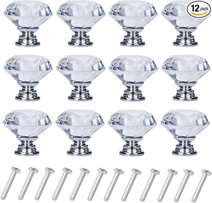YourGift 12 Pack Drawer Knobs Diamond Shaped Crystal Glass 30mm Cabinet Knobs Pull Handles (Silver)