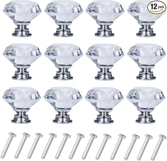YourGift 12 Pack Drawer Knobs Diamond Shaped Crystal Glass 30mm Cabinet Knobs Pull Handles (Silver)