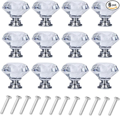 YourGift 6 Pack Drawer Knobs Diamond Shaped Crystal Glass 30mm Cabinet Knobs Pull Handles (30 mm, 6 Pack, Silver)
