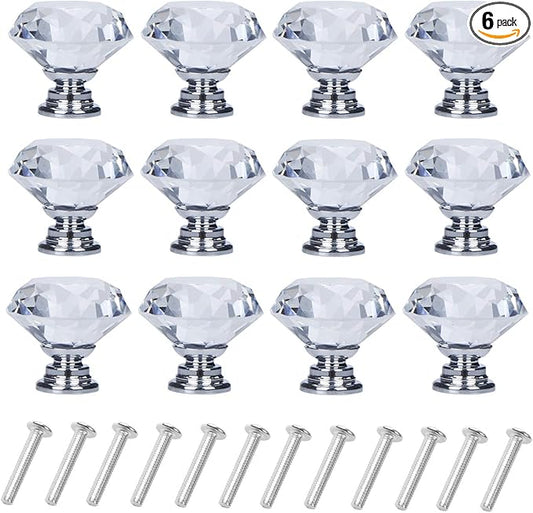 YourGift 6 Pack Drawer Knobs Diamond Shaped Crystal Glass 30mm Cabinet Knobs Pull Handles (30 mm, 6 Pack, Silver)
