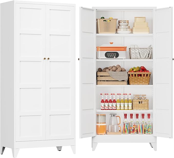 71" Tall Kitchen Cabinet Storage Unit With 2 Doors and 4 Adjustable Shelves, Metal White Freestanding Cupboard, 5 Tier Kitchen Pantry Storage Cabinet for Kitchen Dining/Living Room/Garage/Home/Office