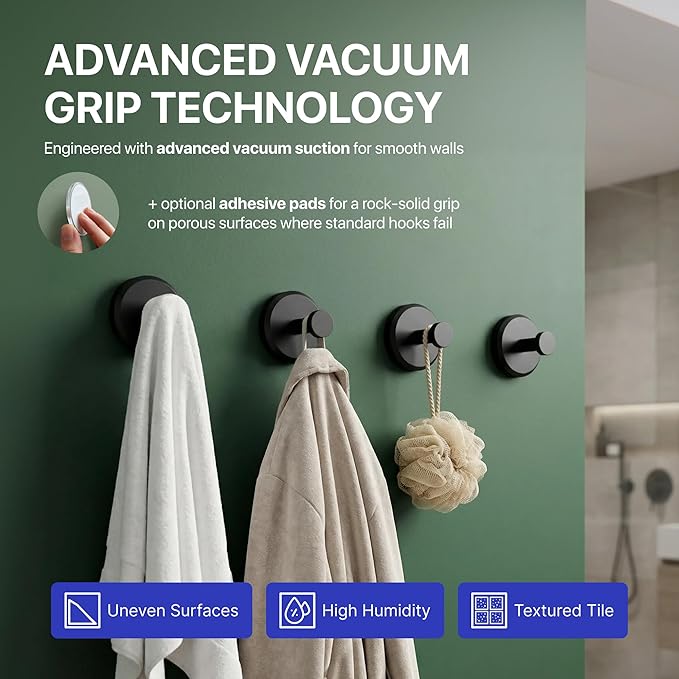 HOME SO Suction Cup Hooks for Shower & Bathroom Towel Holder 4-Pack – Suction Cups Hooks for Hanging Towels, Robes, & Coats - Tiles, Glass Door or Mirror – Shower Hooks & Towel Hooks Organizer - Black