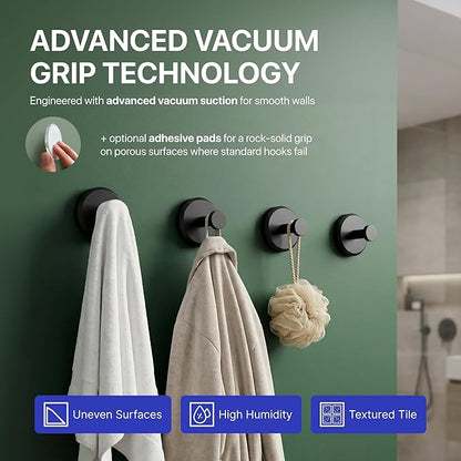 HOME SO Suction Cup Hooks for Shower & Bathroom Towel Holder 4-Pack – Suction Cups Hooks for Hanging Towels, Robes, & Coats - Tiles, Glass Door or Mirror – Shower Hooks & Towel Hooks Organizer - Black