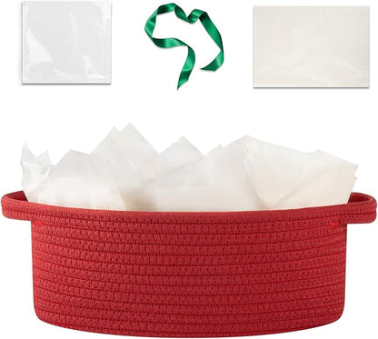 OIAHOMY Gift Basket with Handle, Small Woven Basket with Gift Bag, Ribbon and Wrap Tissue Paper, Nursery Bins Empty to Fill with Small Items, Baby, Pet Toy Organizer - Red