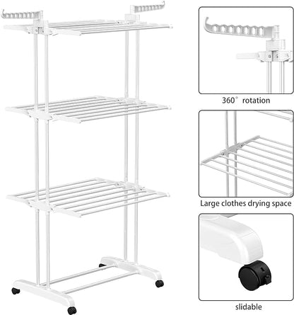 HOMIDEC Clothes Drying Rack, Large 4-Tier Foldable Drying Rack Clothing(67.7H x 19.7W x 30L Inches), Movable with 4 Castors. Multifunctional Stainless Steel Laundry Drying Rack, White