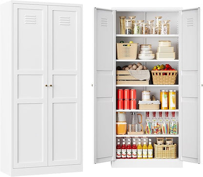 71" Tall Kitchen Pantry Storage Cabinet with 2 Doors and 5 Adjustable Shelve, Metal White Food Pantry Cabinet, Kitchen Cabinet Storage Unit,6 Tier Freestanding Cupboard for Kitchen Dining/Living Room
