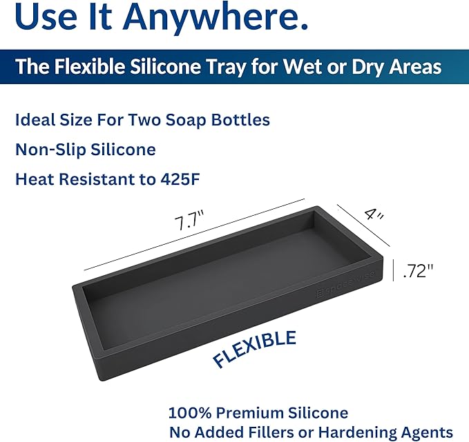 Countertop and Vanity Tray – Small 7.7” Silicone Tray, Soap Dispenser Trays, Bathroom Trays, Kitchen Soap Holder Sink Organizer Counter Caddy for Soaps Bottle Keys, Sponge Holder Dish Black
