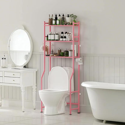 3-Tier Over The Toilet Storage with Paper Holder, Metal Bathroom Organizers and Storage for Small Space, Freestanding Bathroom Shelves with 4 Hooks, Above The Toilet Storage Shelf (Pink)