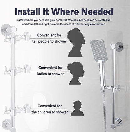 Shower Slide Bar Adjustable Handheld Shower Head Holder Wall Mount - 15inch All-Metal Shower Head Slide Bar Compatible with Bathroom Drill Free Glue Installation - Polished Chrome