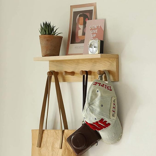 Entrance Coat Rack ，Coat Hooks, Wall-Mounted Wooden Hook Rack, Wall-Mounted Shelves are Very Suitable (Oak Colored Finish—A-1)
