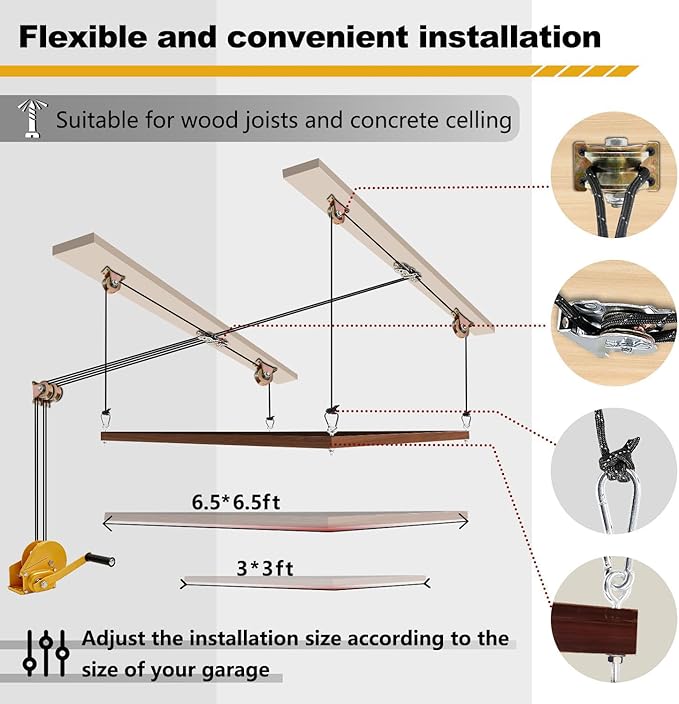 Overhead Garage Storage Lift, Upgrade Winch (No Gear Wear), Heavy Duty Ceiling Mounted Garage Storage Lift System for Organization, 300lbs, Fit for Bronco, Weight, Wrangler (Deck Not Includ)