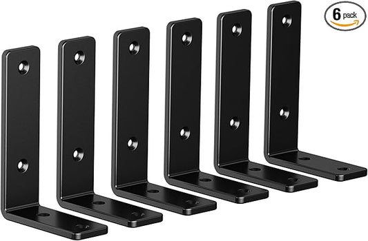 6-Pack 4 Inch Heavy Duty Shelf Brackets, Premium Floating L Bracket for Wall, Kitchen, Mantel Shelves Support | Quarter Inch (1/4") Thick | Black Powder Coated Steel