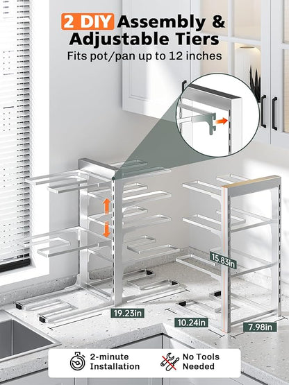 MUDEELA 8-Tier Pots and Pans Organizer under Cabinet, 15.83" Height Heavy Duty Pot Pan Organizer Kitchen Cabinet Organization and Storage, Adjustable Pot Rack for Frying Pan, Cast Iron Skillet, Sliver