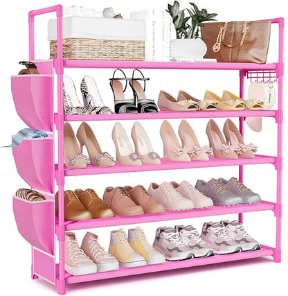 Shoe Rack for Closet Shoe Organizer Space Saver Storage for 20-25 Pair Shoe Shelf with Hook and Side Pocket Free Standing 5 Tier Shoe Rack Organizer for Entryway,Small Spaces, Pink