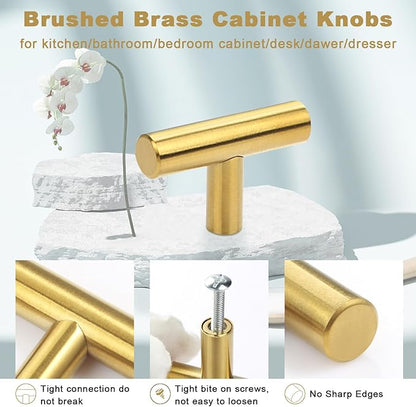 Estmoon 30 Pack Brushed Brass Cabinet Knobs Gold Drawer Pulls Stainless Steel Brushed Gold Dresser Knobs for Cabinets Cupboard Bathroom Kitchen Hardware, Single Hole T Bar Pulls, 2in Overall Length