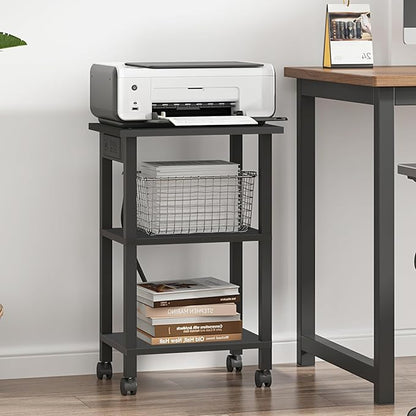 TUTOTAK 3 Tier Printer Stand, Rolling Printer Cart with Power Outlets and USB Ports, Mobile Printer Table with Wheels, for Under Desk, Office, Home, Greige PS02BK001