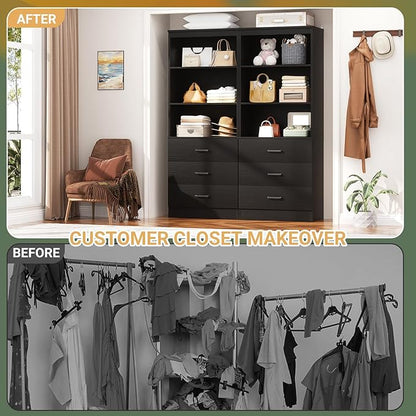 Aheaplus 47.2" Closet Drawers System, 3.94FT Wood Closet Organizer System with 6 Drawers, Modular Small Walk-in Closets Storage Unit, Set of 2, Black (47.2" L x 13.8" W x 71" H)