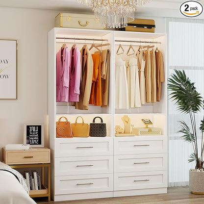 Closet System with 2 Sets, 4FT-10FT Customizable Closet Organizer System with 6 Wooden Drawers & 2 Shelves, Walk-in Closet or Freestanding Tower Closet Storage System with 4 Hanging Rods, White