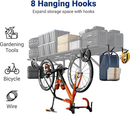 FLEXIMOUNTS 4-Pack 2x6ft Heavy Duty Garage Wall Shelving, 1200lbs Capacity, Garage Shelving Wall Mounted with 8 Hooks, Storage for Power Tools, Garden Supplies, Storage Bins, Lite Series