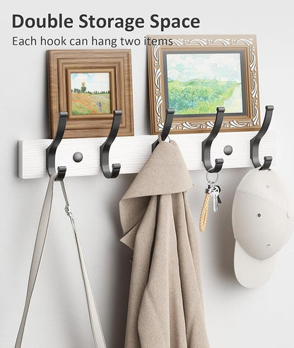 Coat Rack Wall Mount, 16.5 Inches Wood Coat Hooks Wall Mount, Wall Coat Rack with 5 Hooks, Hat Rack Wall Hooks for Hanging Coat, Bag, Towel (1Pack, White)