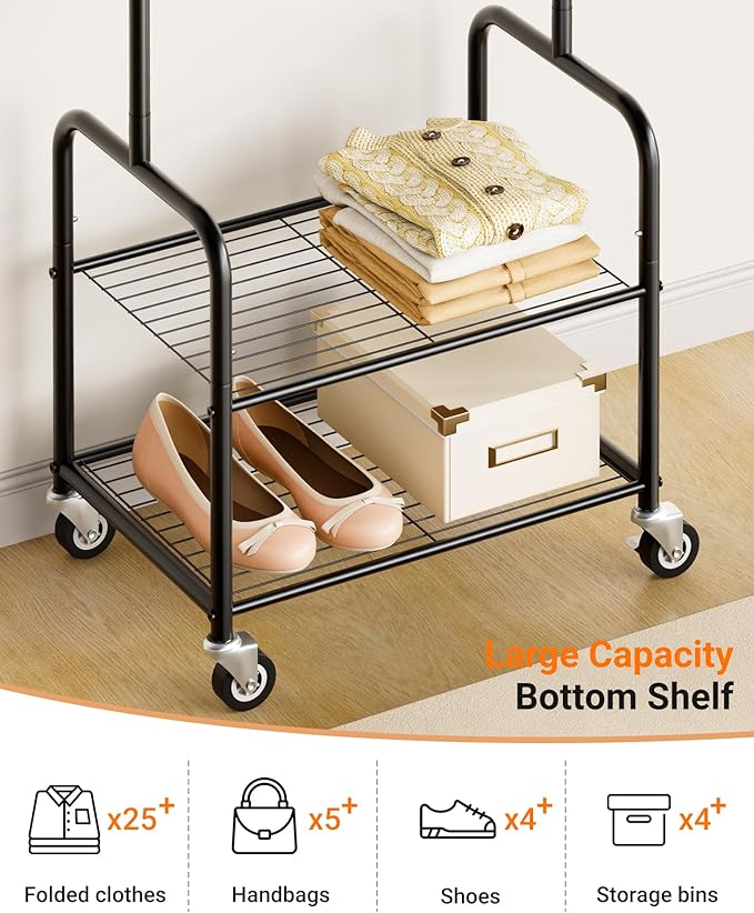 AOODA Small Clothes Rack with Shelves, Metal Sturdy Rolling Clothing Racks for Hanging Clothes, Portable Garment Rack with Wheels for Shirts, Coats, Shoes, Bags (Black)