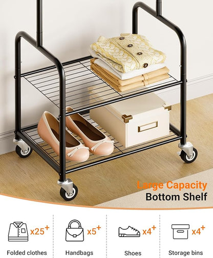 AOODA Small Clothes Rack with Shelves, Metal Sturdy Rolling Clothing Racks for Hanging Clothes, Portable Garment Rack with Wheels for Shirts, Coats, Shoes, Bags (Black)
