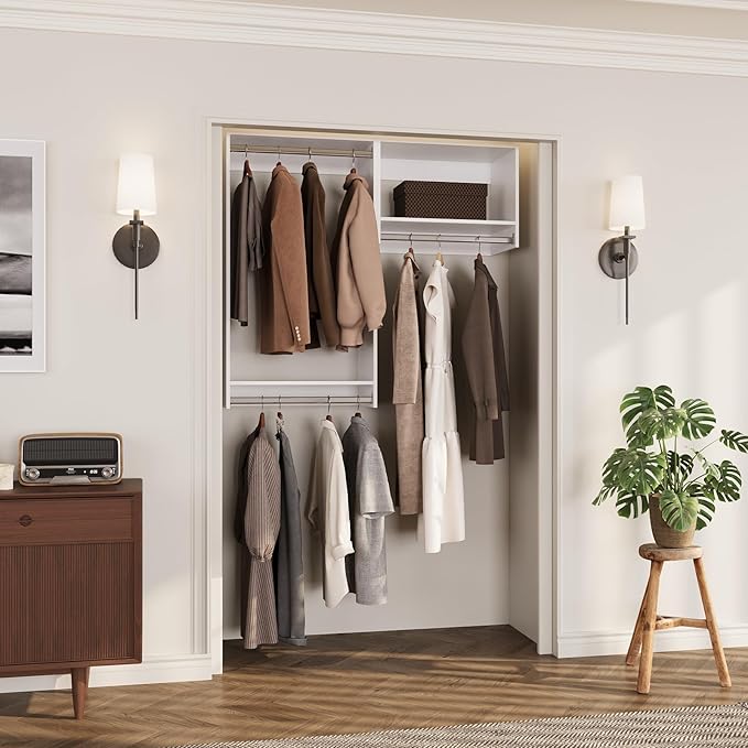 ROOMTEC Modular Closet System, 70" Wall-Mounted Closet Organizer with Hanging Rods, Wooden Tower for Walk-In Closets, Wardrobe Storage Kit, White