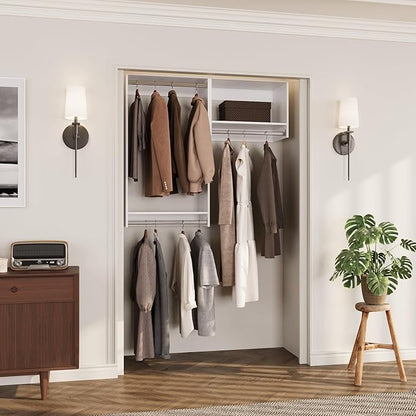ROOMTEC Modular Closet System, 58" Wall-Mounted Closet Organizer with Hanging Rods, Wooden Tower for Walk-In Closets, Wardrobe Storage Kit, White