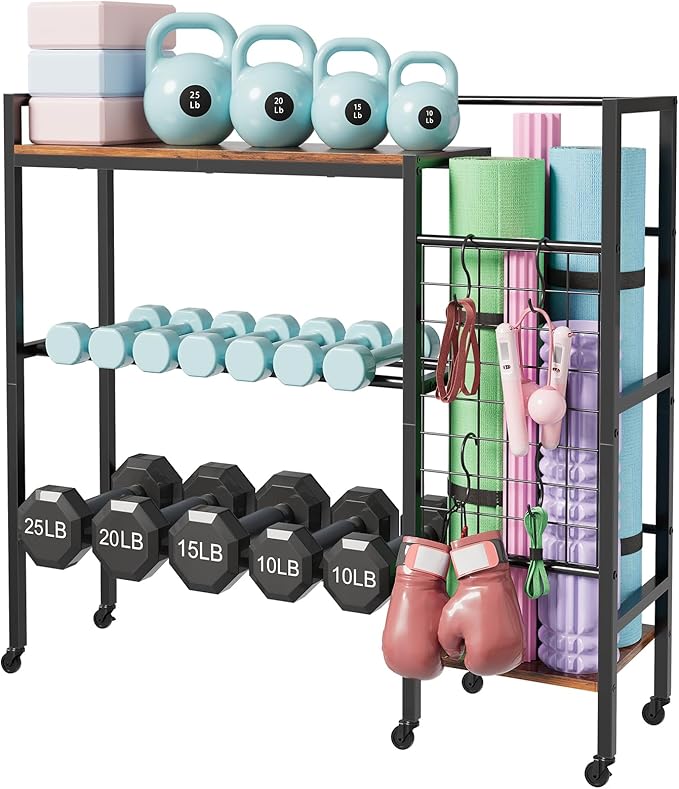 Dumbbell Rack, Gym Storage Rack, Weight Rack for Home Gym, Dumbbells, Kettlebells, Yoga Mats & More Space-Saving Home Gym Organizer